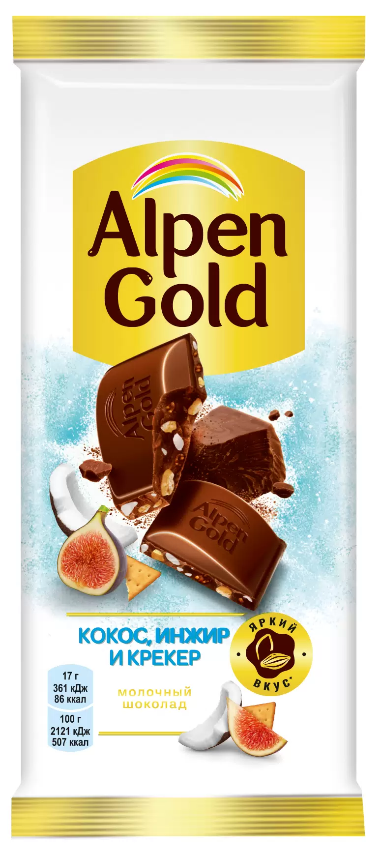 Шоколад Alpen Gold молочный, кокос инжир и крекер, 85г.